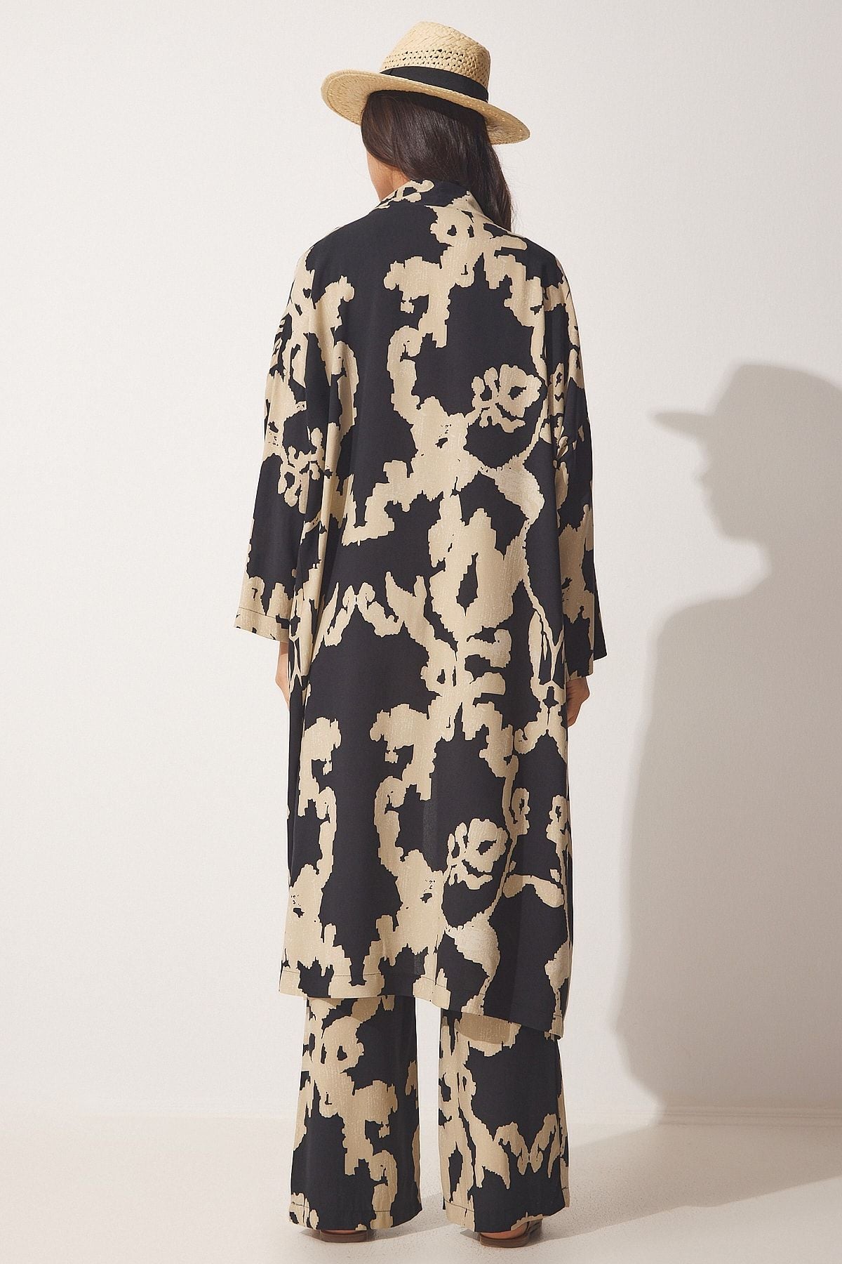 Siyah Bej Desenli Viskon Kimono Palazzo Pantolon Takım CI00086