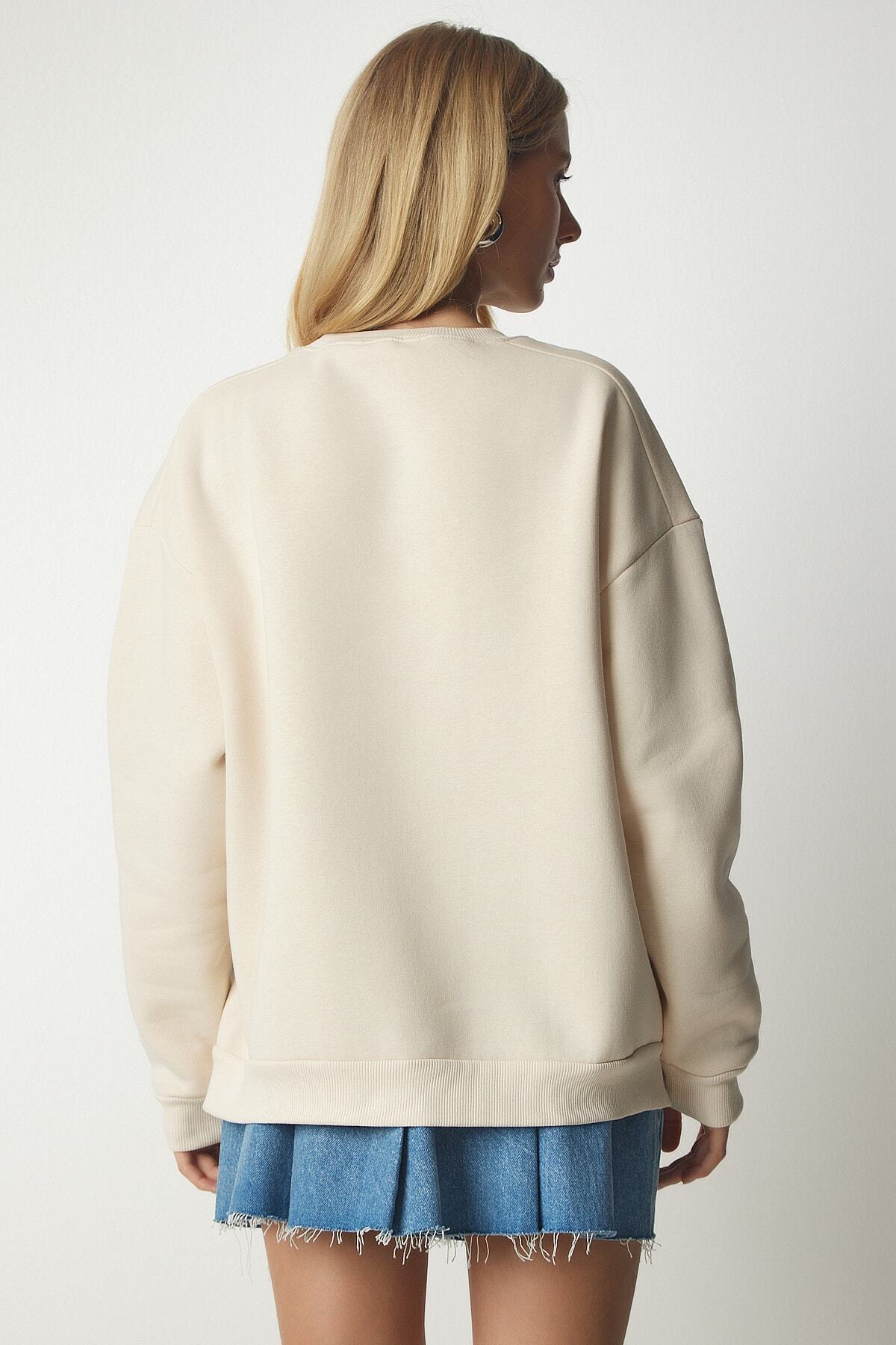 Krem Fermuar Detaylı Şardonlu Örme Sweatshirt UB00148