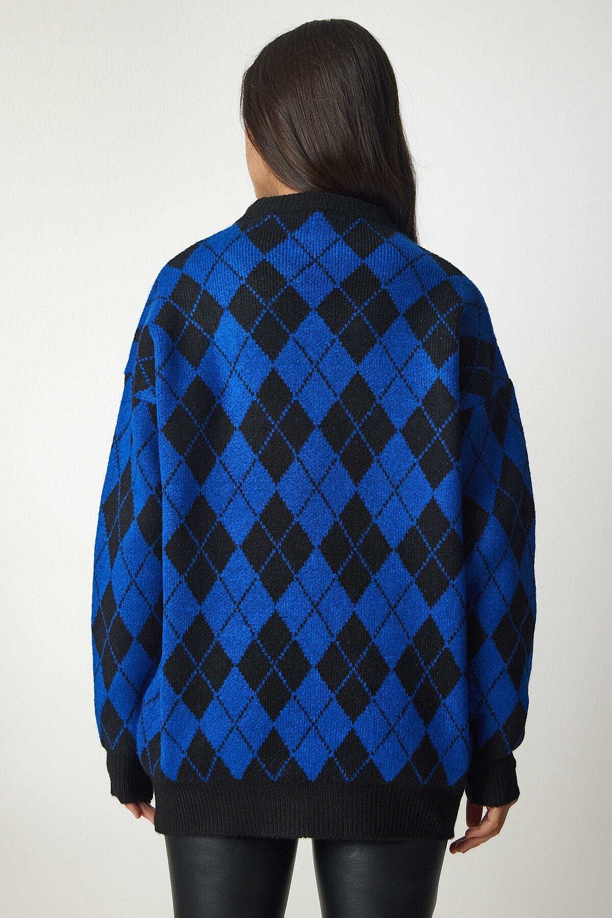 Mavi Baklava Desenli Oversize Triko Kazak YY00162