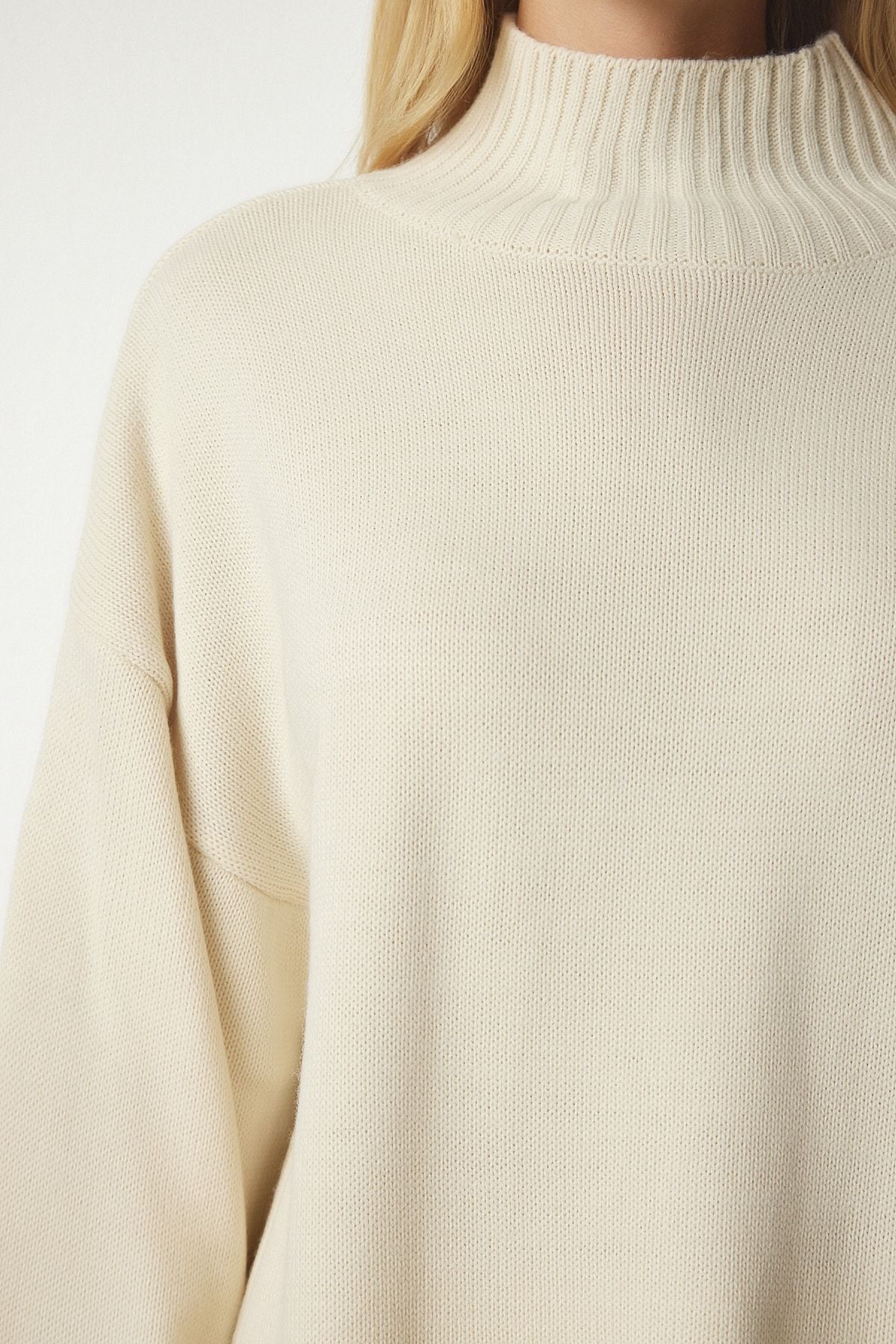 Krem Dik Yaka Oversize Basic Triko Kazak YY00167