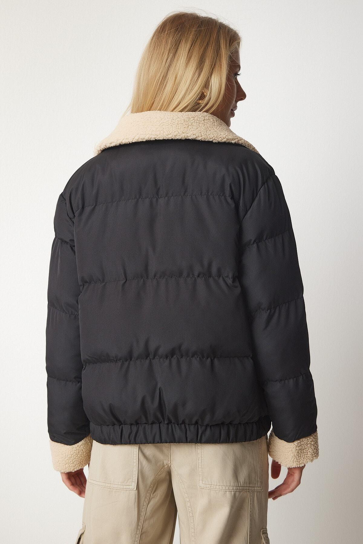 Siyah Peluş Detaylı Şişme Mont VP00004