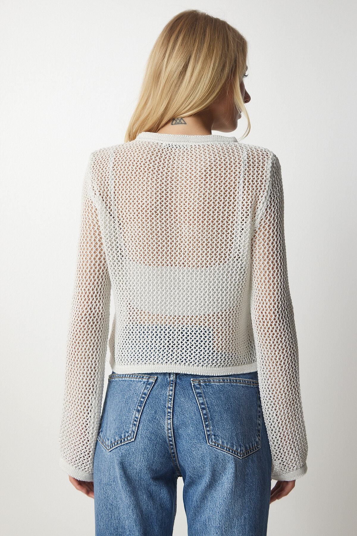 Krem Simli Ajurlu Transparan Triko Bluz BV00091