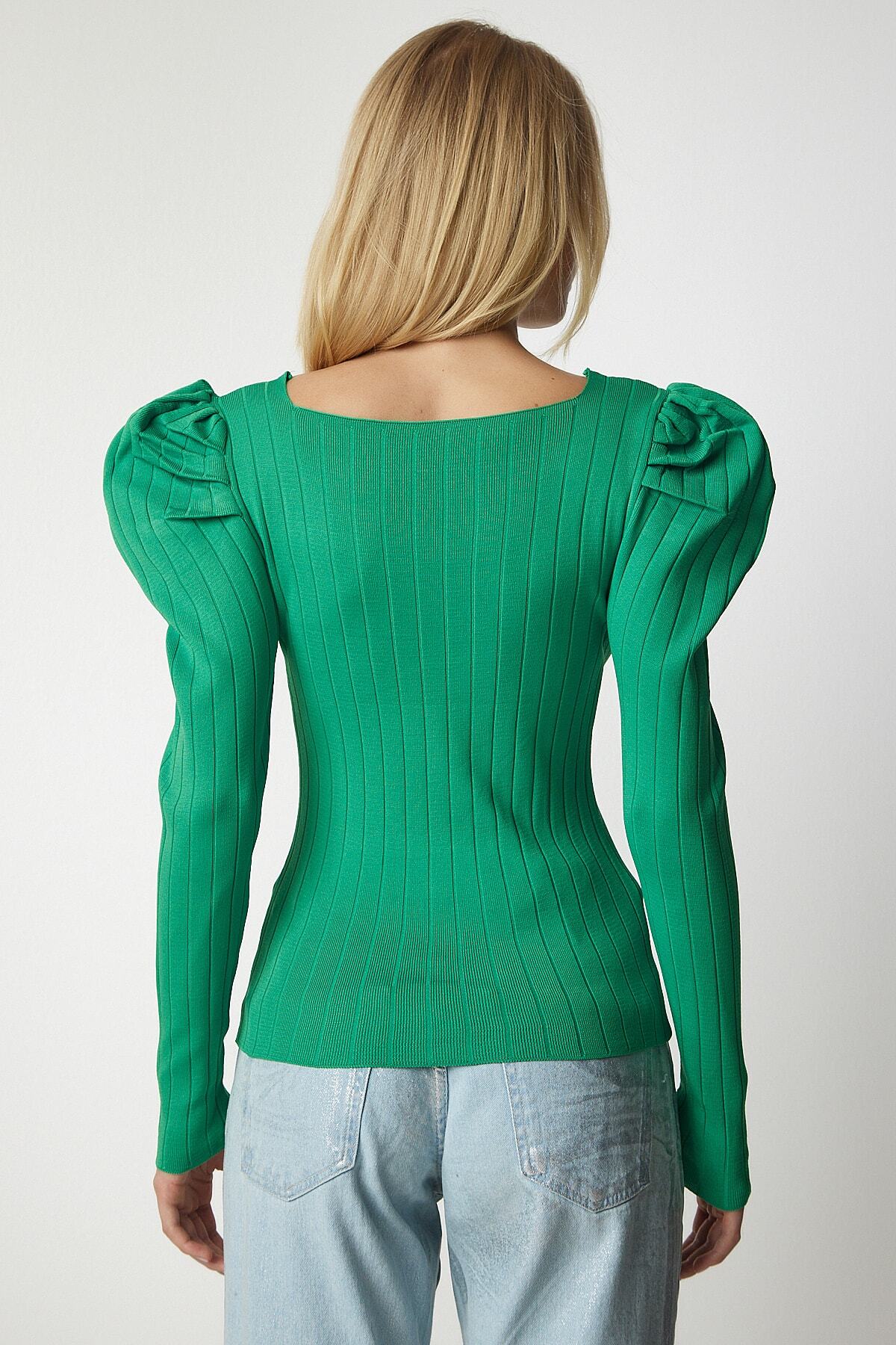 Yeşil Kare Yaka Fitilli Triko Bluz YY00159