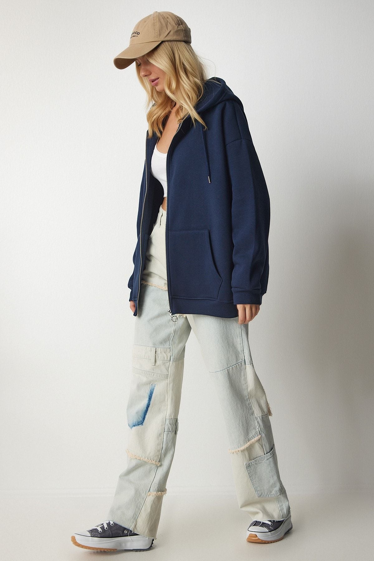 Lacivert Kapüşonlu Fermuarlı Oversize Sweatshirt UB00124