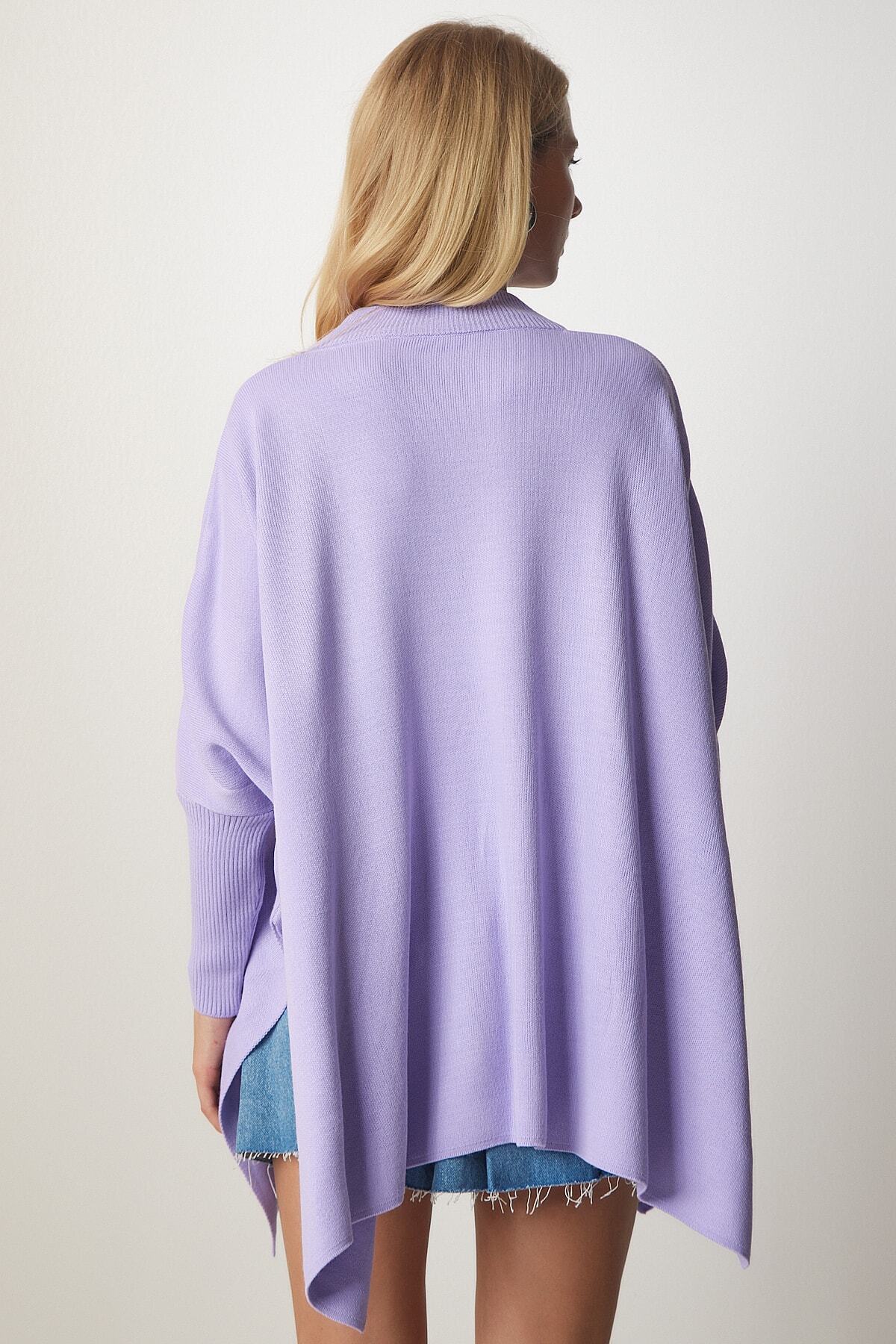 Lila Yandan Yırtmaçlı Oversize Panço Kazak YY00005