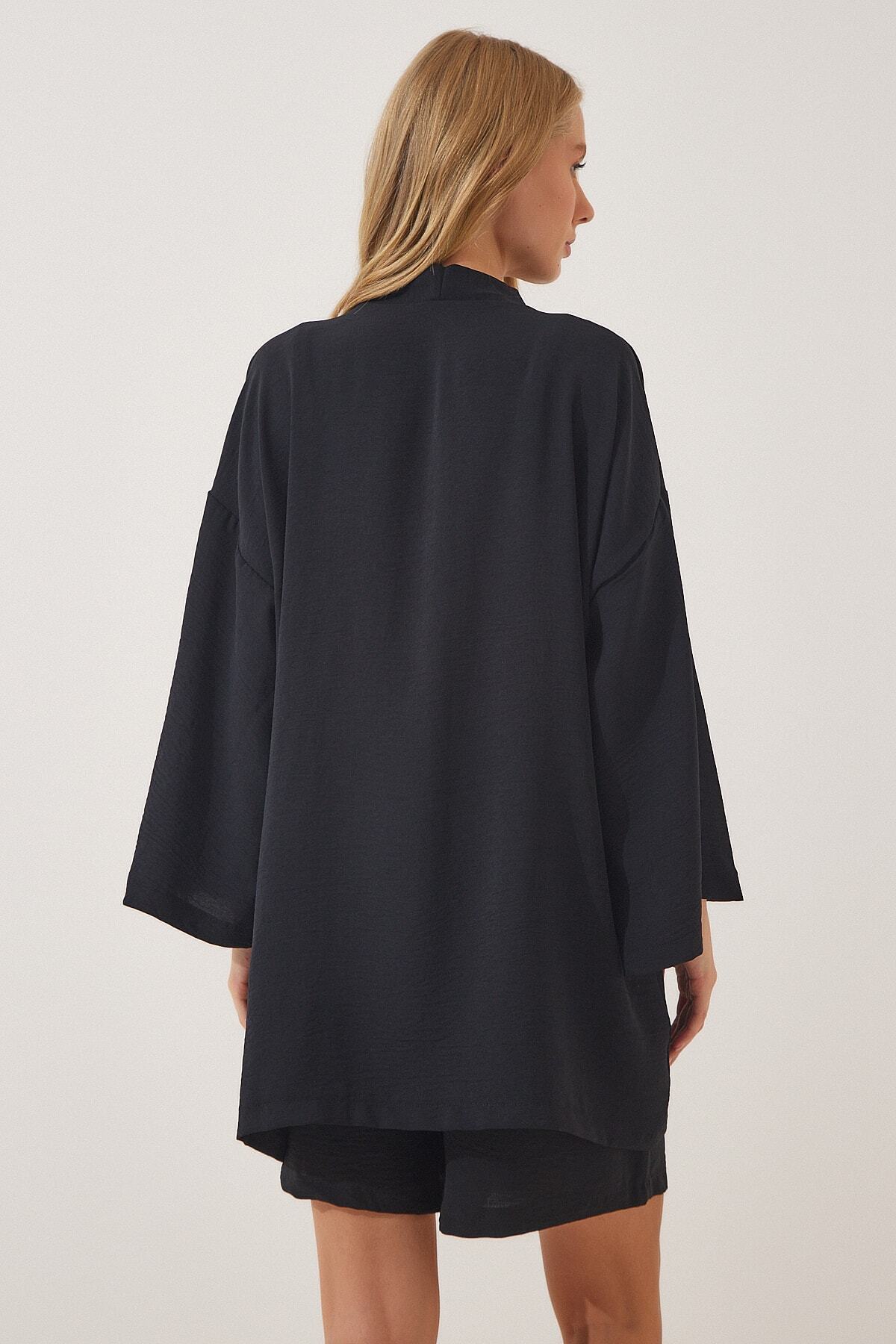 Siyah Dökümlü Ayrobin Kimono Şort Takım DZ00053