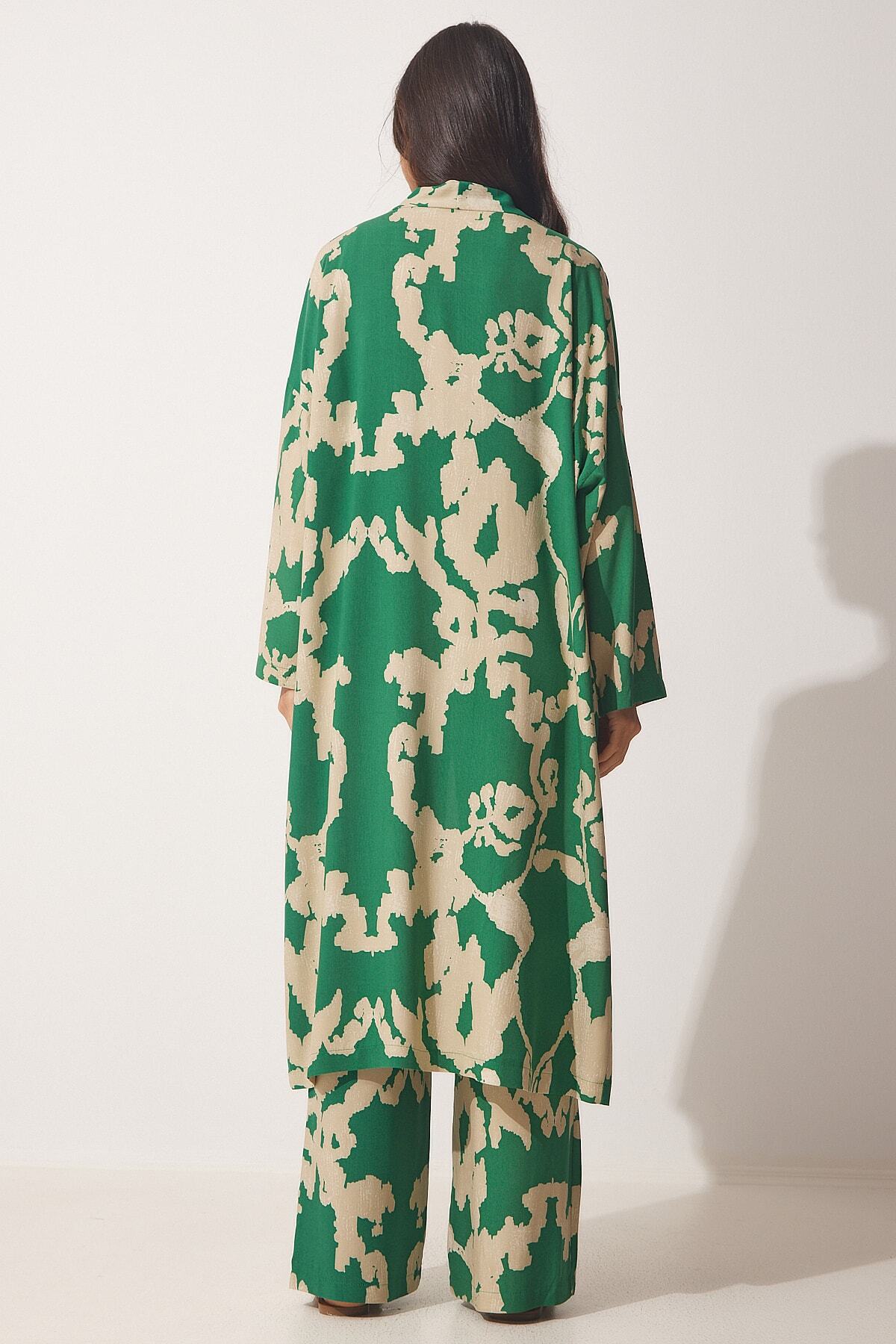 Yeşil Bej Desenli Viskon Kimono Palazzo Pantolon Takım CI00086