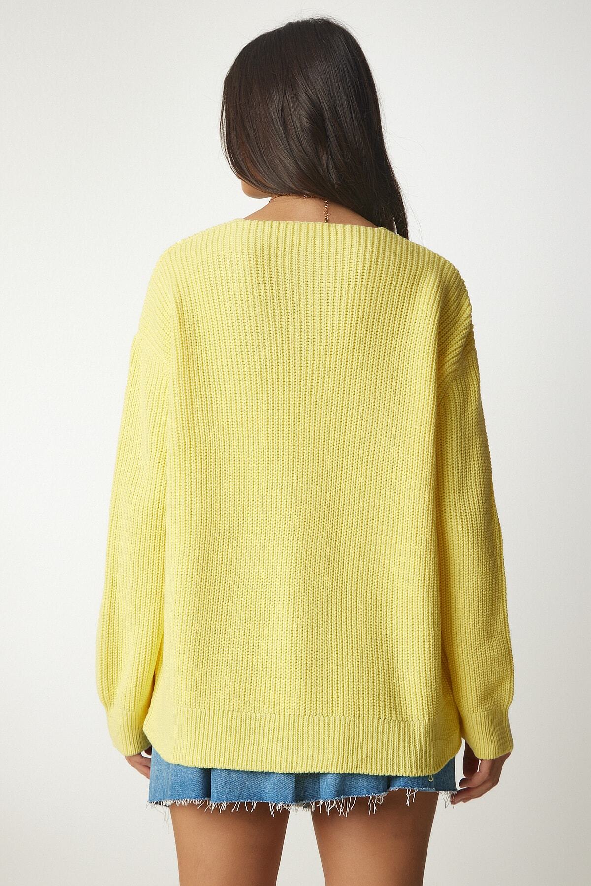 Sarı V Yaka Oversize Basic Triko Kazak MX00130