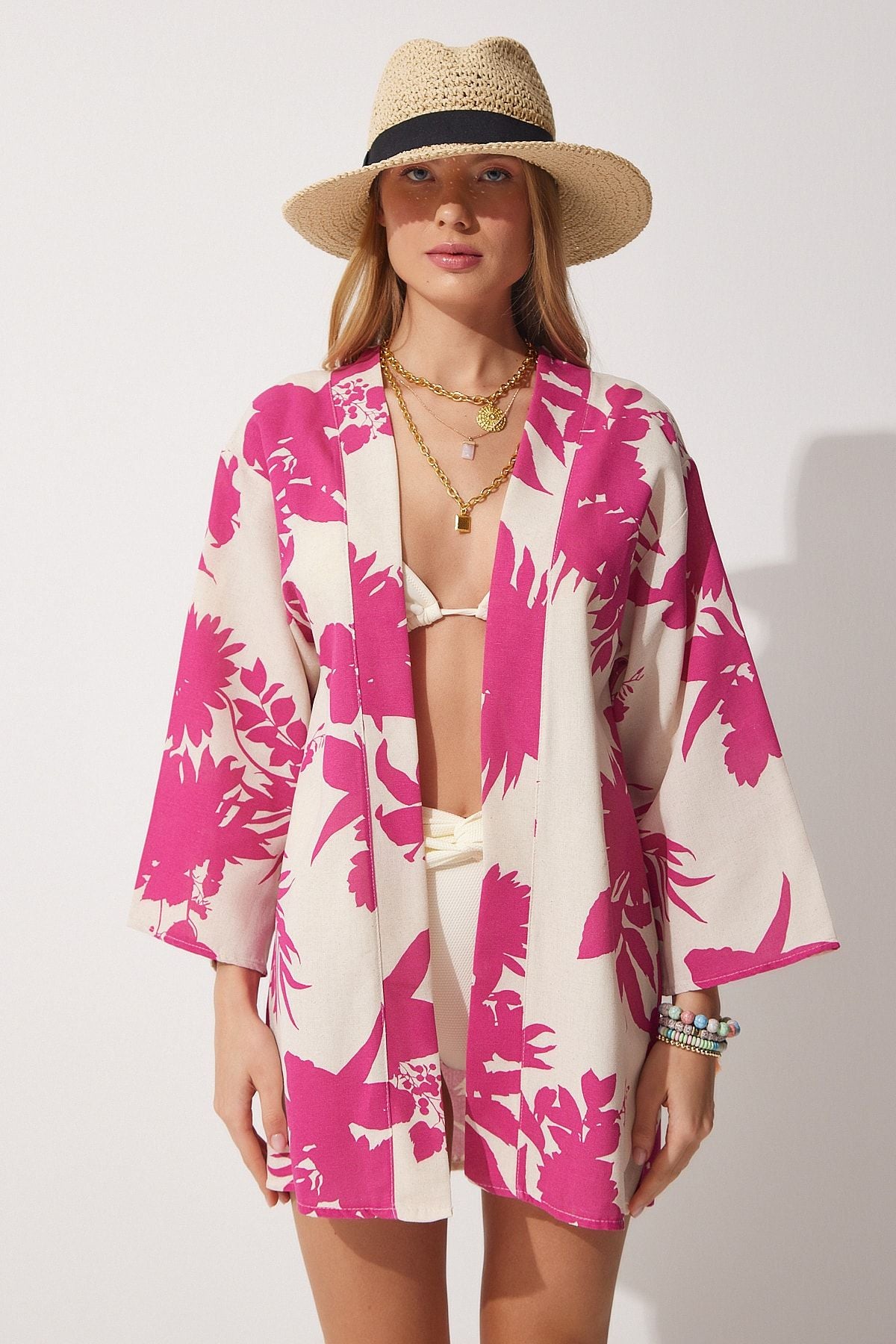 Bej Pembe Desenli Keten Viskon Kimono BH00381