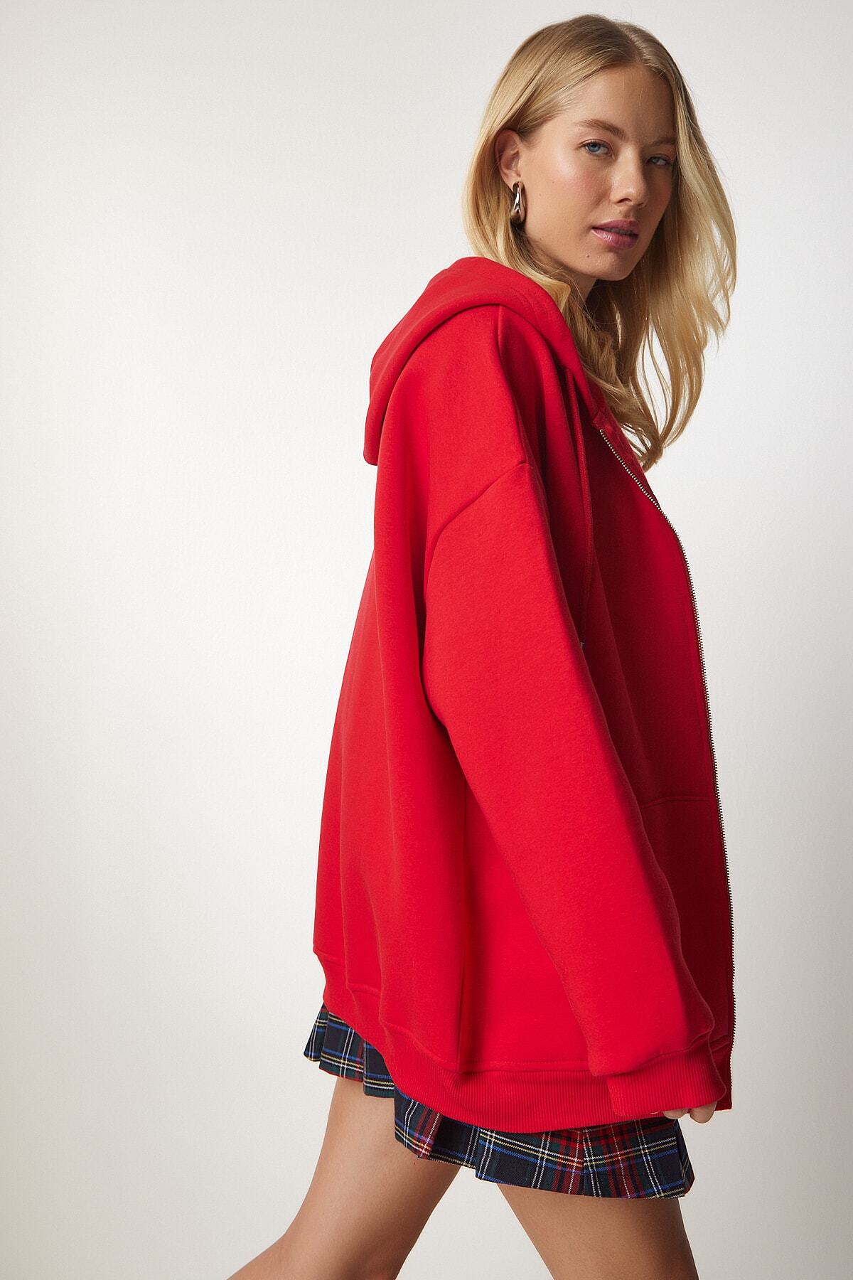 Kırmızı Kapüşonlu Fermuarlı Oversize Sweatshirt UB00124