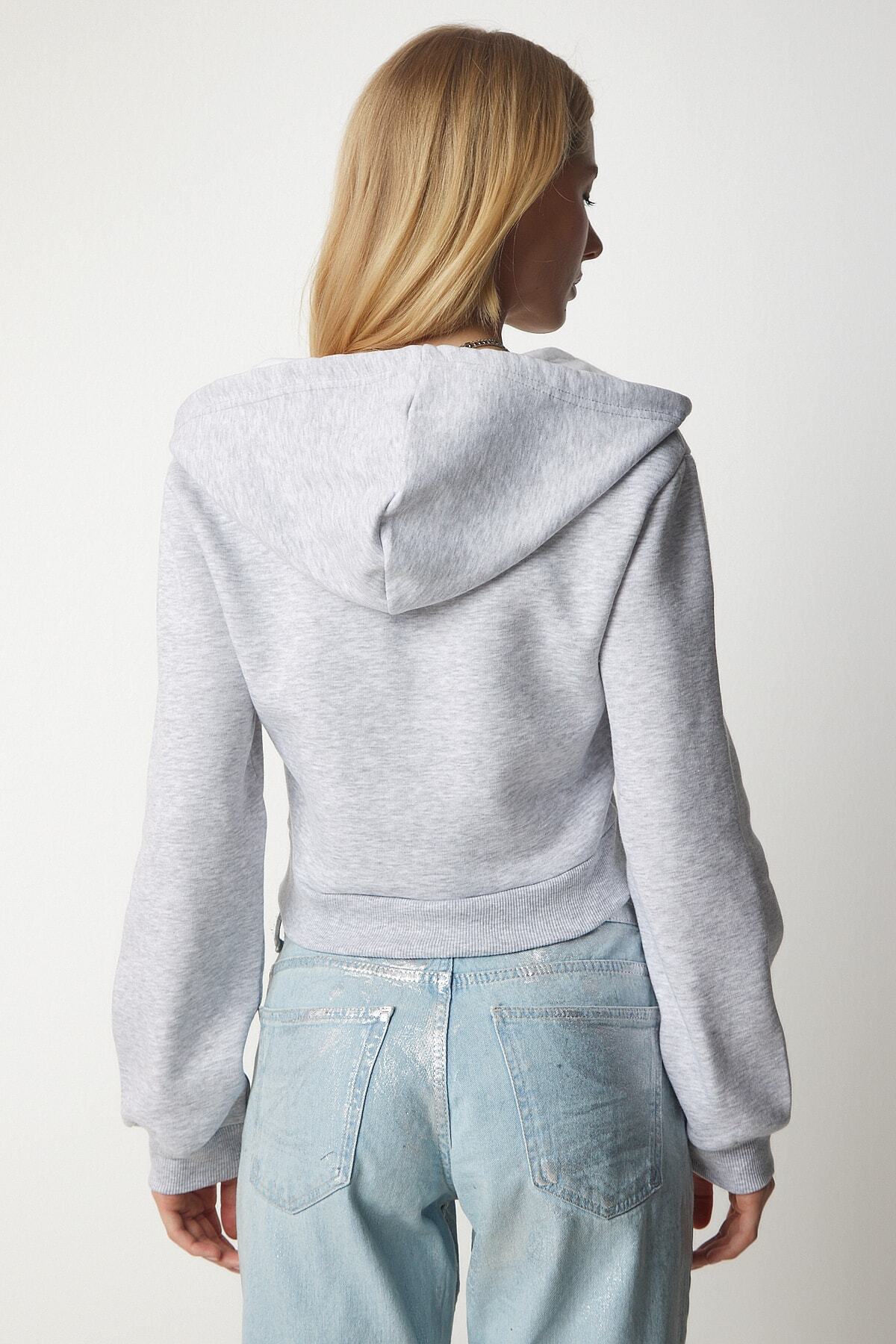 Gri Kapüşonlu Fermuarlı Crop Sweatshirt UB00136