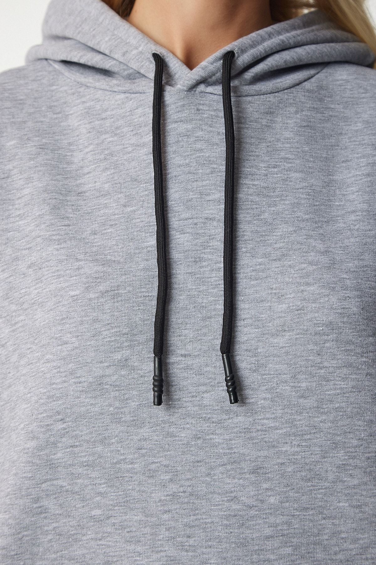 Gri Kapüşonlu Örme Sweatshirt EW00001