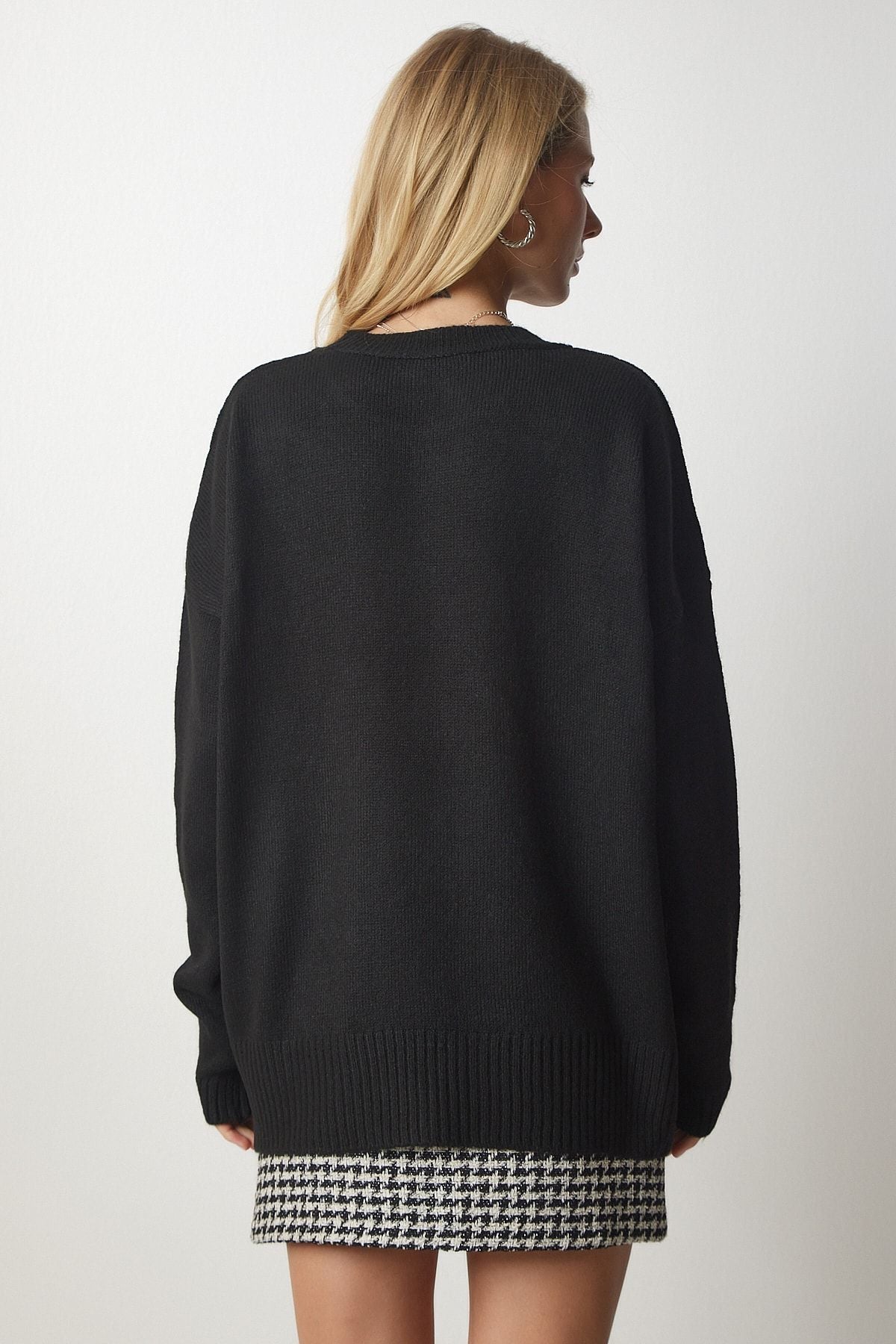 Siyah Bisiklet Yaka Oversize Triko Kazak BV00085