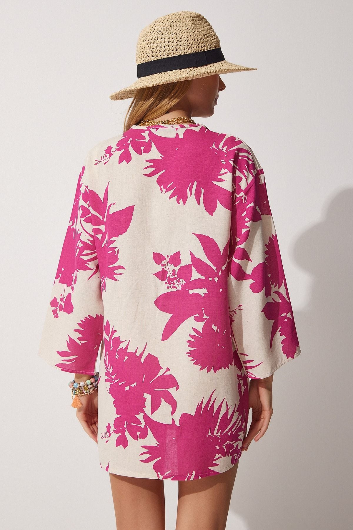Bej Pembe Desenli Keten Viskon Kimono BH00381