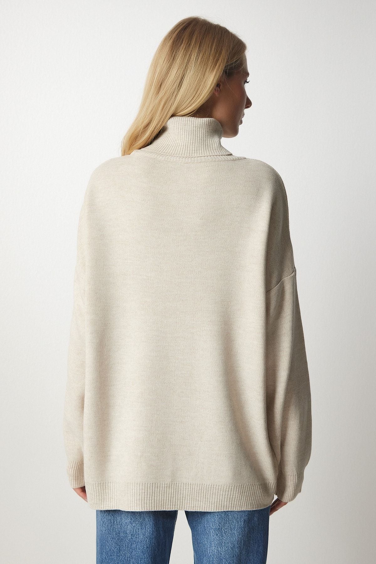 Bej Balıkçı Yaka Oversize Triko Kazak BV00084