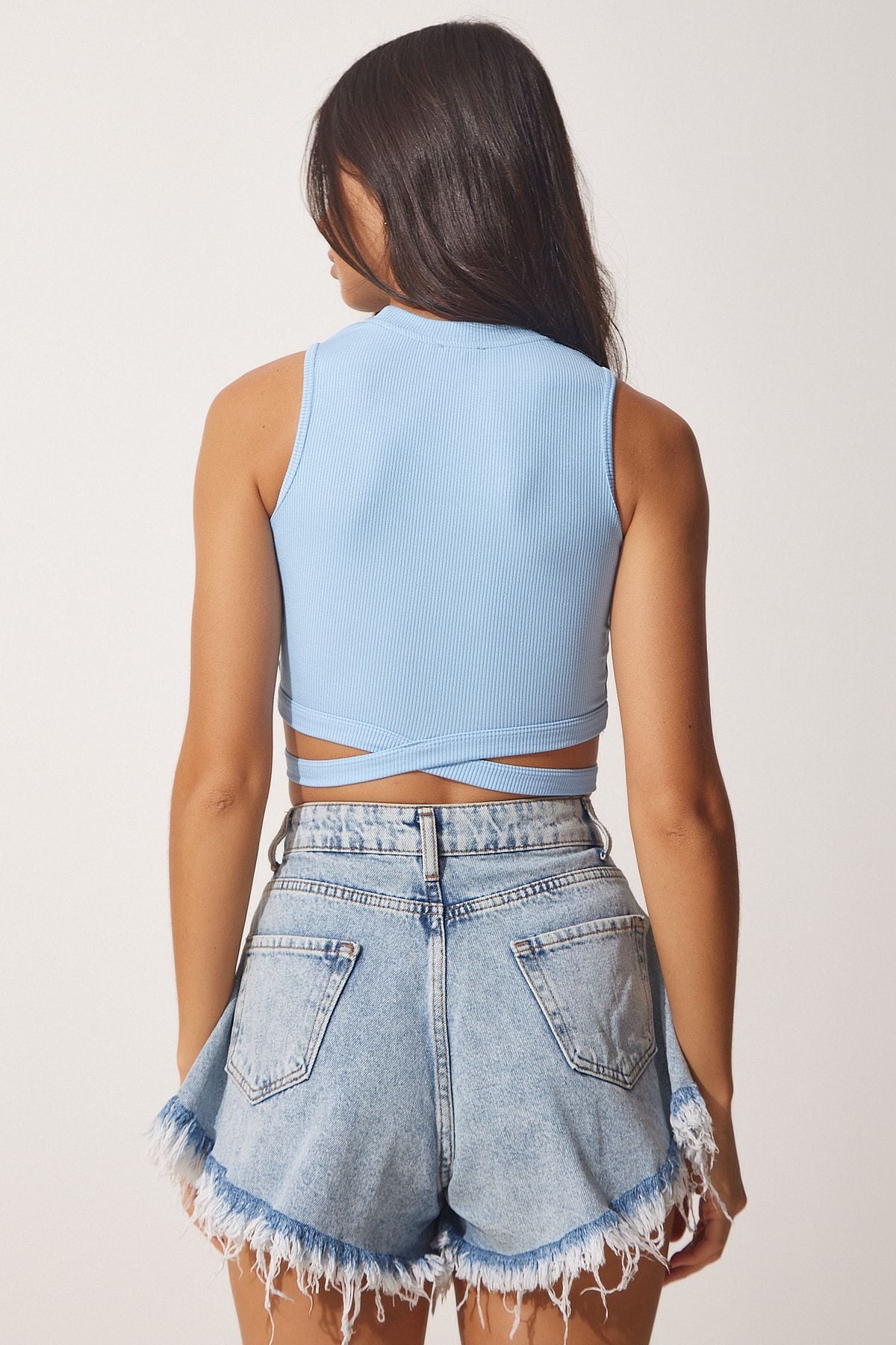 Kırmızı Mavi 2'Li Halter Yaka Fitilli Crop Örme Bluz CE00077