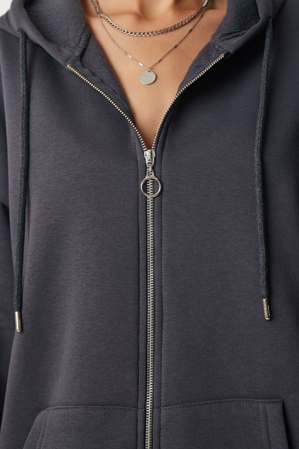 Antrasit Kapüşonlu Fermuarlı Oversize Sweatshirt UB00124