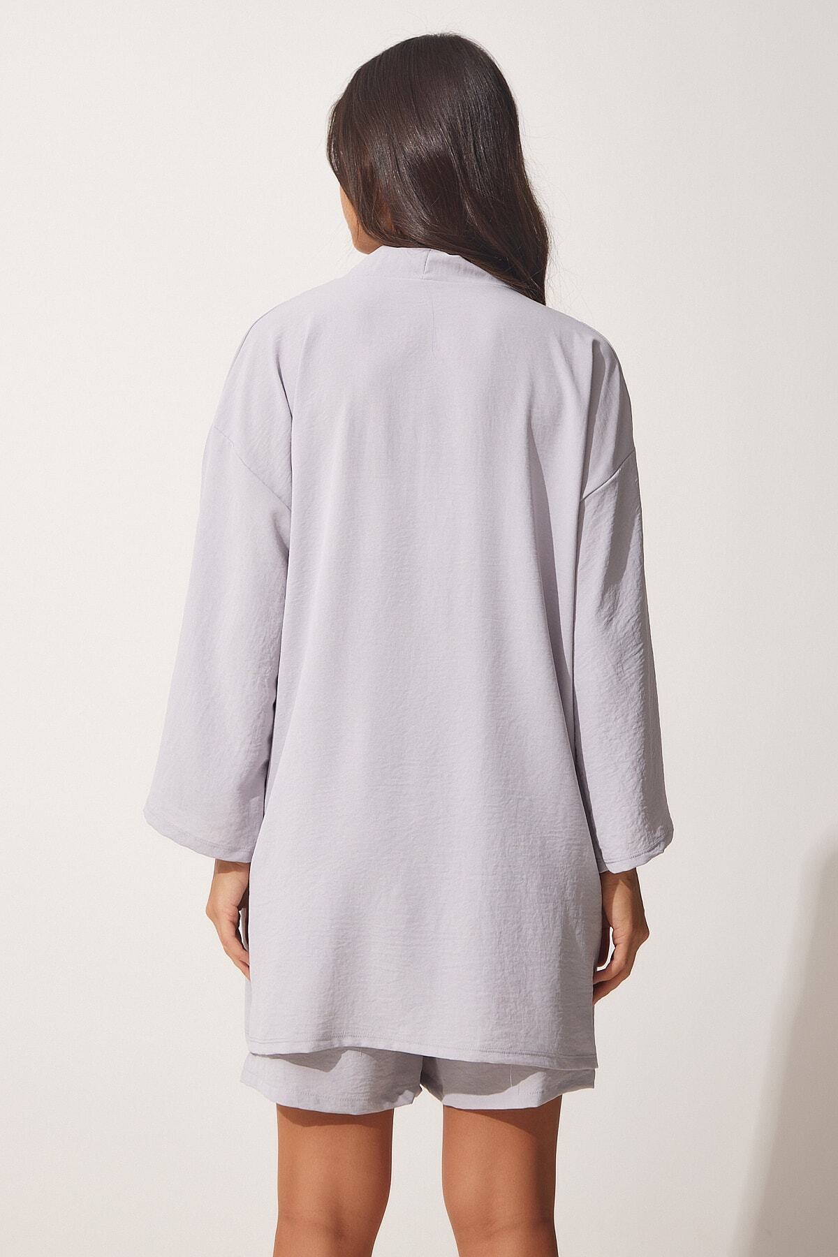 Gri Dökümlü Ayrobin Kimono Şort Takım  DZ00053