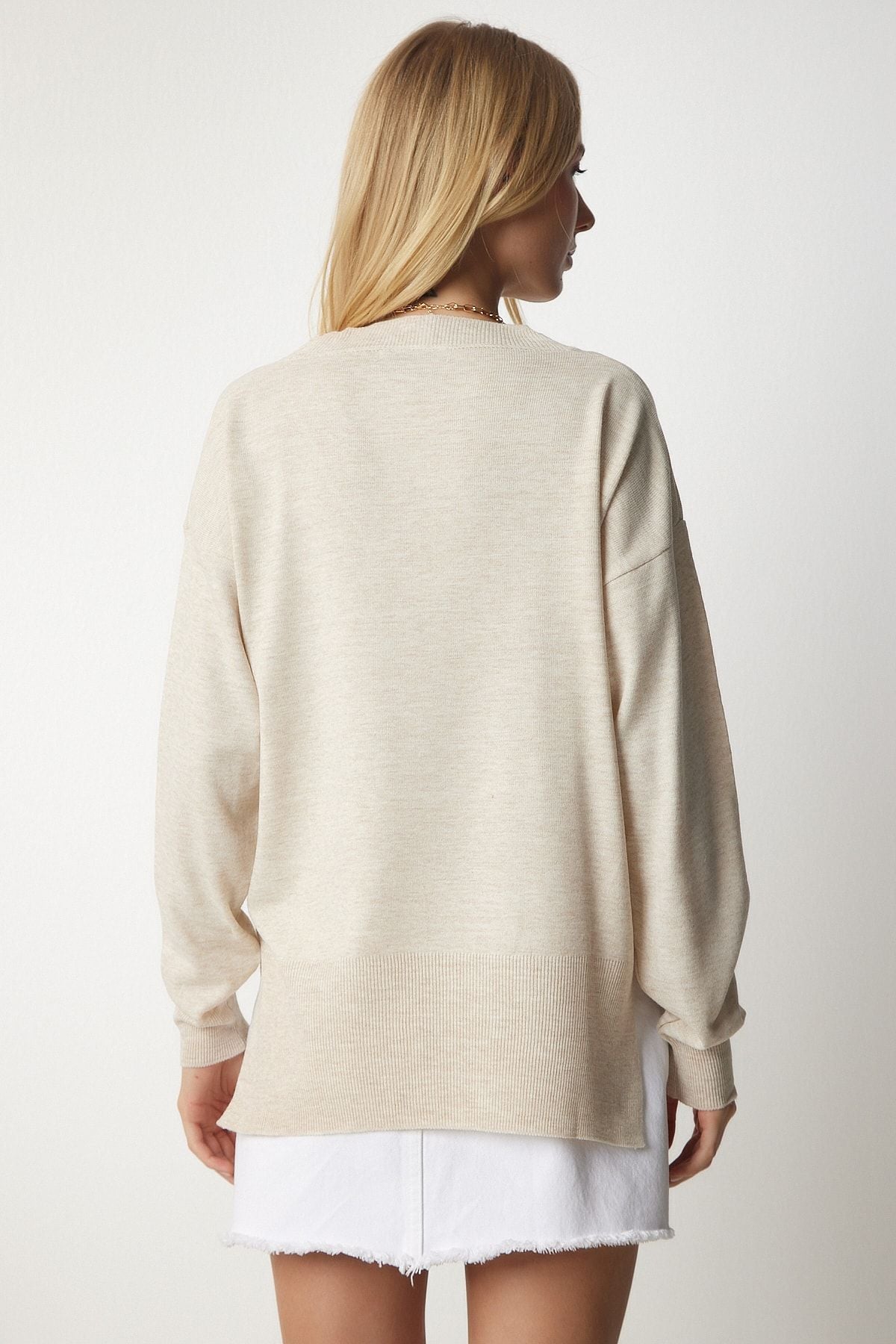 Krem V Yaka Oversize Triko Kazak BV00082
