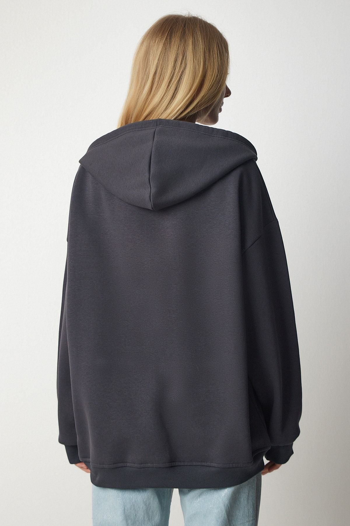 Antrasit Kapüşonlu Fermuarlı Oversize Sweatshirt UB00124